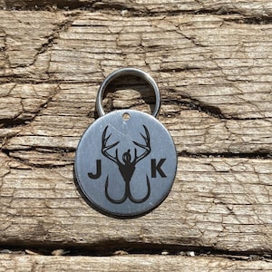 Initials Keychain- Custom Keychain Fishing Hunting Keychain Stainless Steel Personalized Fish Hook Laser Engraved Gift Antlers Deer Fish