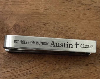 First Communion Tie Clip- Personalized Tie Bar Confirmation Stainless Steel Christ Jesus Personalized Laser Engraved 1st Holy Communion Tie