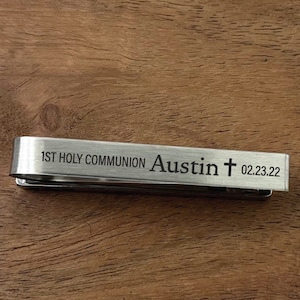 First Communion Tie Clip- Personalized Tie Bar Confirmation Stainless Steel Christ Jesus Personalized Laser Engraved 1st Holy Communion Tie