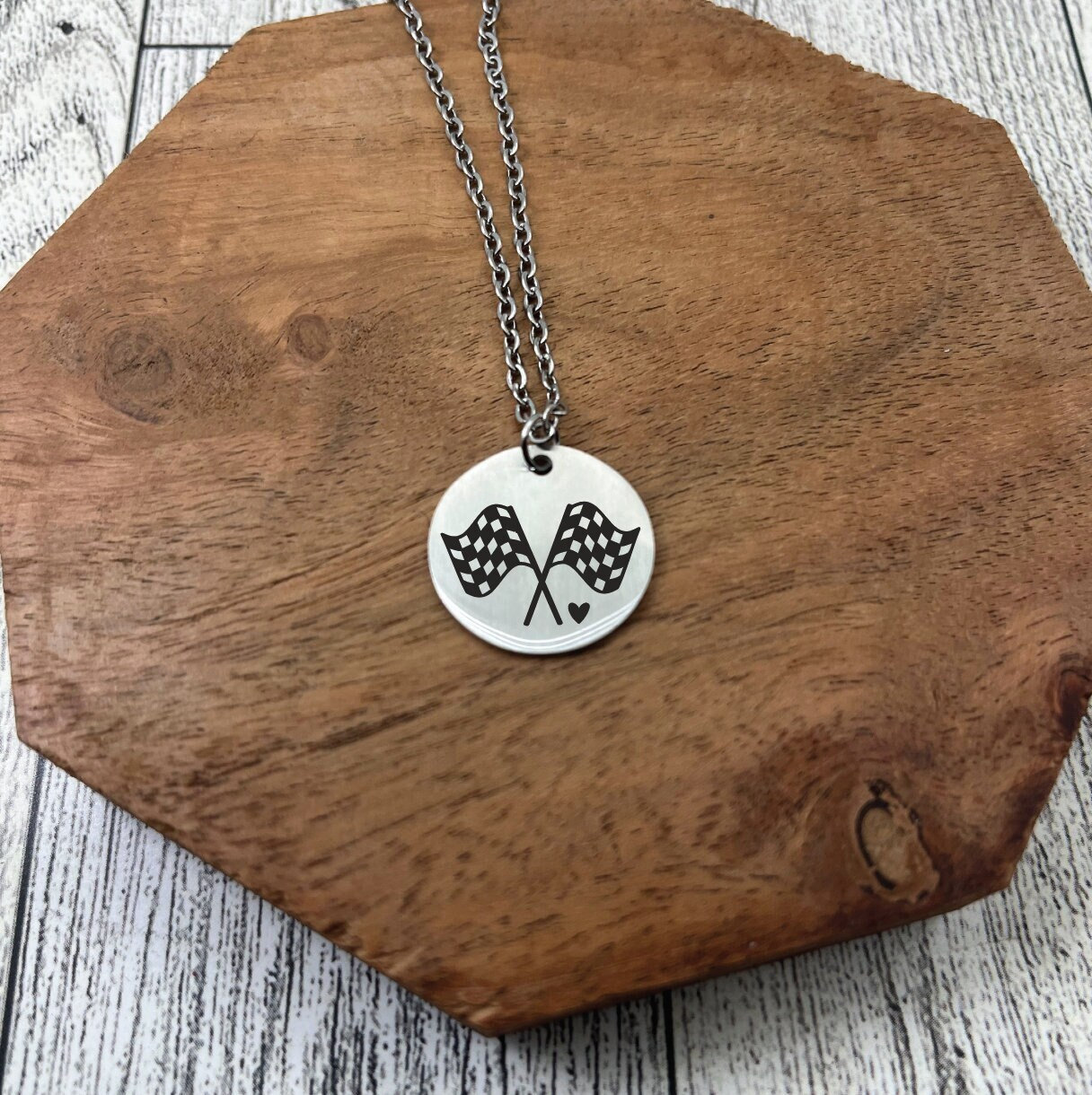 Checkered Flag Disc Necklace- Personalized Disc Necklace Stainless Steel Race Car Necklace Laser Engraved Gift IMCA Racing Jewelry Stock Car