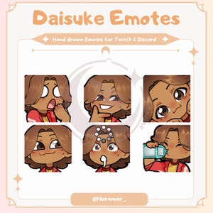 Peut inclure: Ensemble de six émojis dessinés à la main représentant une personne à la peau brune avec des cheveux bruns. Les émojis montrent différentes expressions, notamment la surprise, le sourire narquois, la réflexion, la confusion et la boisson d'une bouteille.