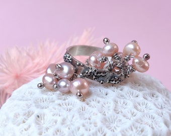 925 Silver Coral Reef Ring with Moving Pearls - Size N (UK Size)