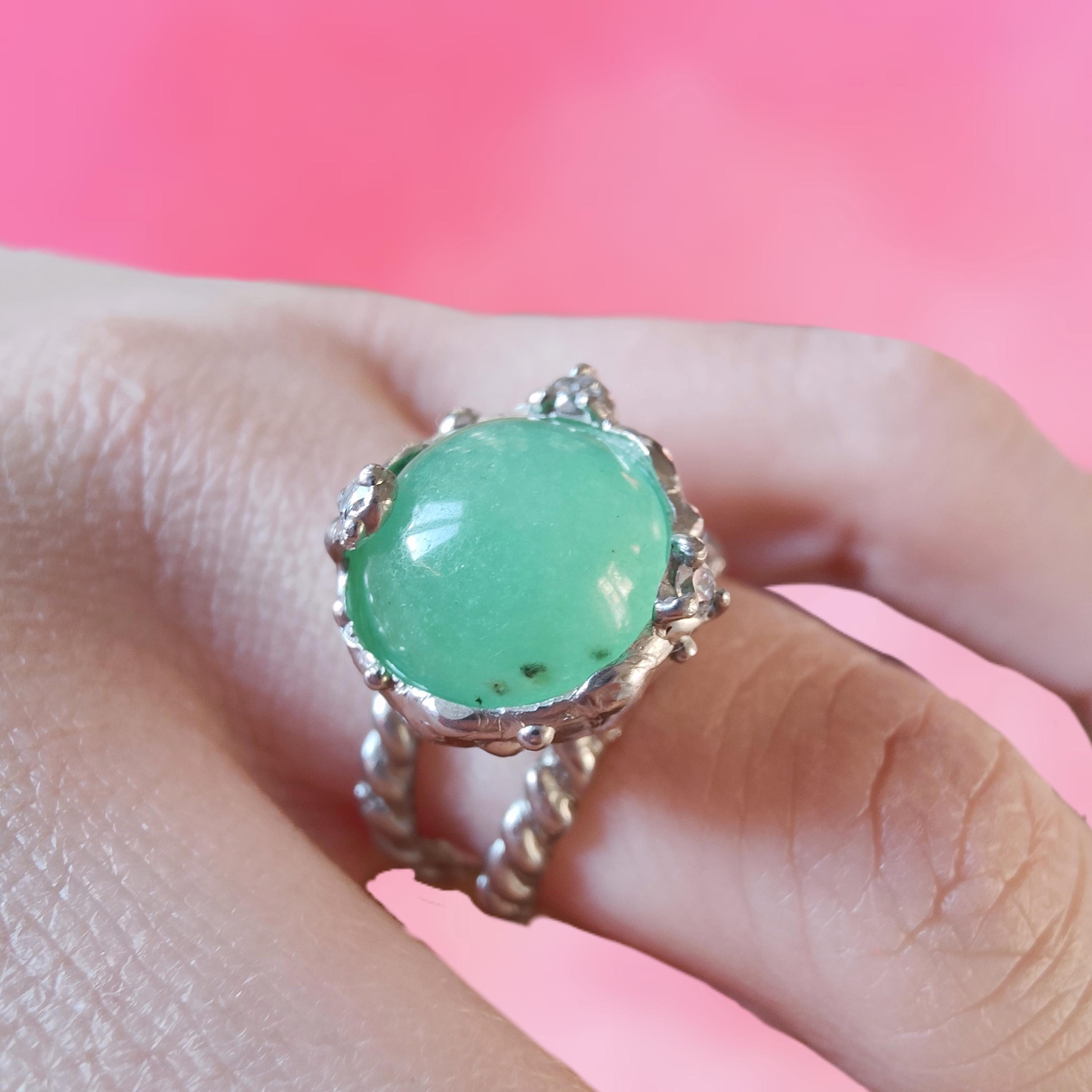 Anello Vintage Con Zircone (Tormalina) Verde E Bianco - Placcato Oro 18K, Taglia L-Q1/2