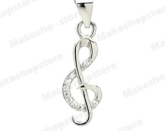 Cute Music Treble Clef Symbol Sterling Silver 925 Pendentif avec zircon blanc