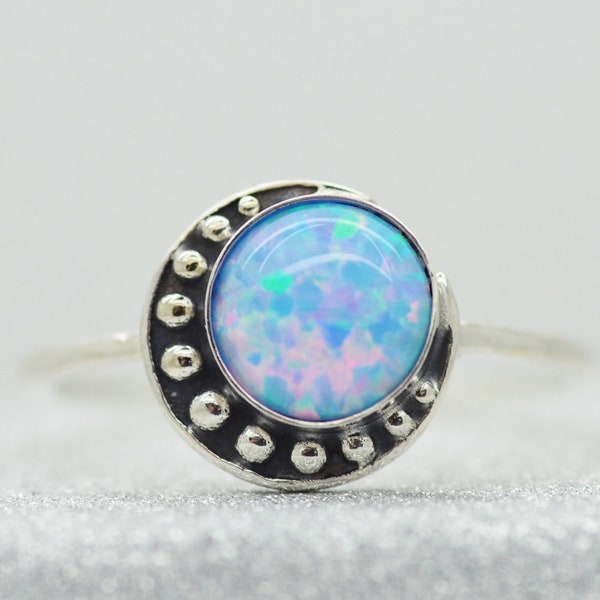 Blue Fire Opal Moon Crescent Ring Sterling Silver 925