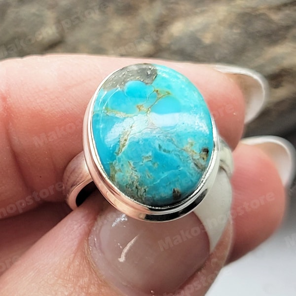 Oval Genuine Turquoise Cabochon ring for Ladies in Sterling Silver 925 size 6 Handmade