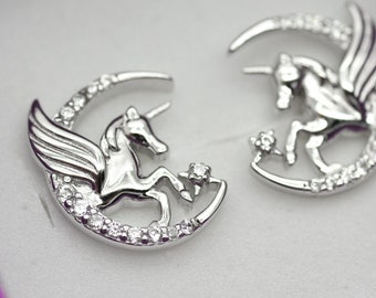 Unicorn Moon Crescent White Zircon sterling silver 925 post studs earrings