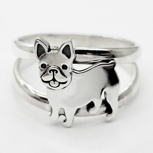 Bague chien bouledogue français pour femme en argent sterling 925