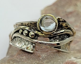 Genuine Aquamarine Modern Band Ring 2 tones in Sterling Silver 925 and plated Gold 10K size 5.5  6.5 or 8.5
