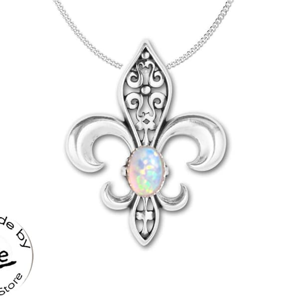 Pendentif Fleur de Lis complexe en filigrane en argent sterling 925 avec ou sans pierre précieuse de votre choix illustré avec Opale