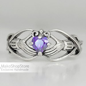 Claddagh Heart ring in Sterling Silver 925 with Birthstone Celtic Filigree design February Purple