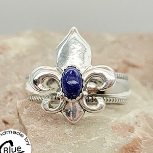 Bold Fleur-de-lis Emblem Ring with gemstone of your choice in Sterling Silver 925 size 5 to 12.5 blue opal garnet