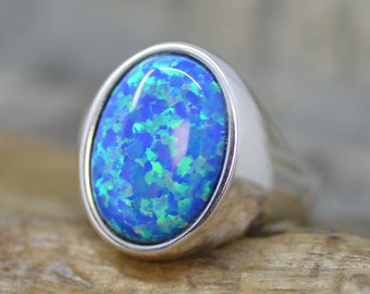 Inlay Blue Fire Opal Ring in Sterling Silver 925 Ring Plain Shank handmade by Artisan