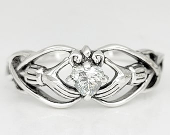 Claddagh Heart ring in Sterling Silver 925 with Birthstone Celtic Filigree design April White