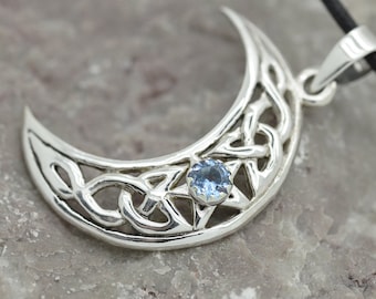 Moon Crescent filigree pendant in Sterling Silver 925 with Birthstone