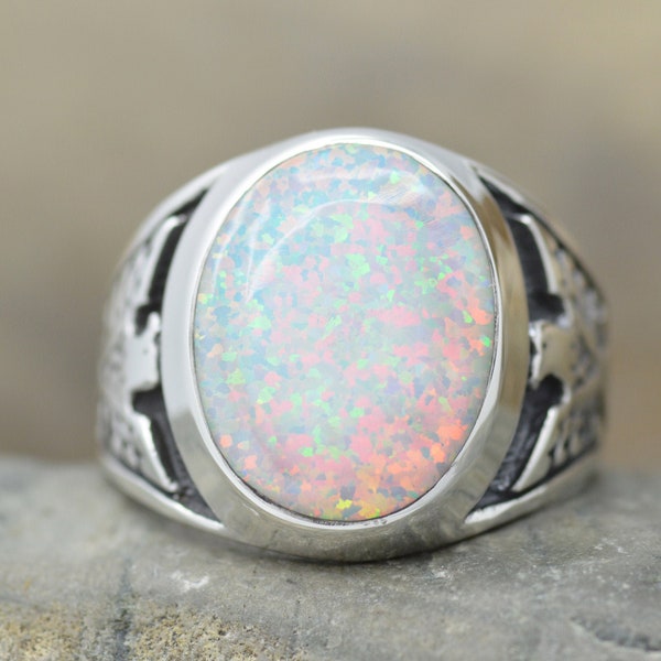 Inlay White Fire Opal Ring in Sterling Silver 925 Eagle Ring Shank handmade by Navajo Artisan