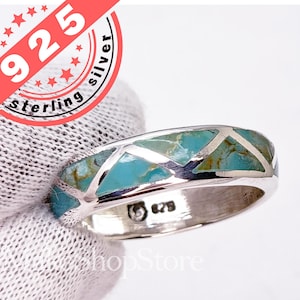 High-quality Turquoise Inlay Wedding Band ring in Sterling Silver 925 size 5.5 5.75 6.5 7.5 7.75 8.5 9.5 9.75 10.25 10.5