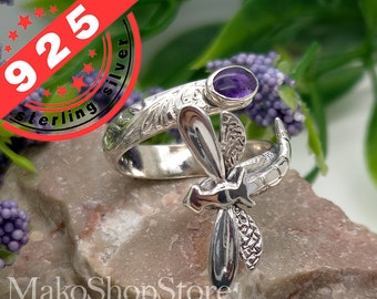 Dragonly adjustable spoon ring with Amethyst or other gemstone for Ladies in Sterling Silver 925