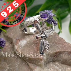 Dragonly adjustable spoon ring with Amethyst or other gemstone for Ladies in Sterling Silver 925