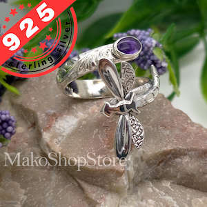 Dragonfly adjustable spoon ring with Amethyst or other gemstone for Ladies in Sterling Silver 925