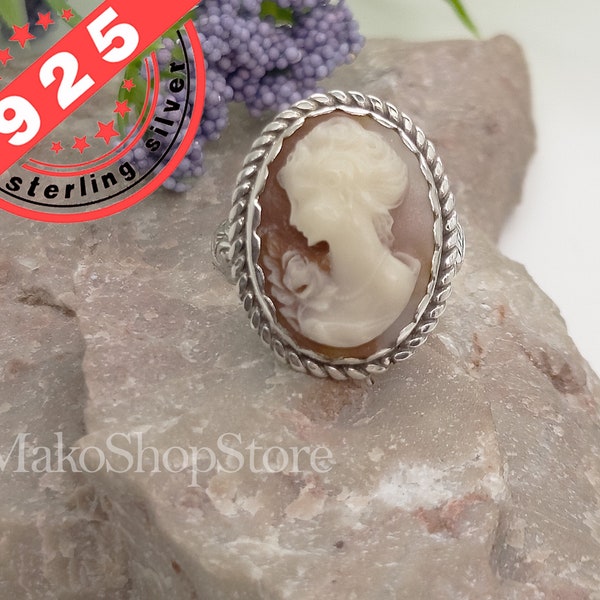 Elegante anillo Cameo Lady en Plata de Ley 925 hecho a mano por artista de cualquier tamaño de anillo