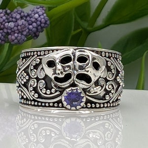 Drama Masks Comedy Tragedy Wideband ring in Sterling Silver 925 with Birthstone or other gemstone
