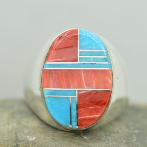 Inlay Mosaic Ring Multi-Stone Turquoise and  Spiney oyster in Sterling Silver 925 size 10.5