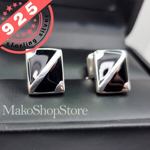 Black Enamel Cufflinks in sterling silver 925 with giftbox Rectangular Classic