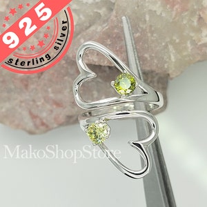 Double Heart Adjustable Spoon ring in Sterling Silver 925 with Two Birthstones