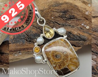 22.70cts natural brown ammonite spiral fossil citrine pearl 925 sterling silver pendant