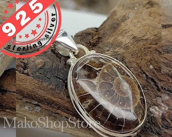 14.06cts natural brown ammonite fossil spiral 925 sterling silver pendant Canadian