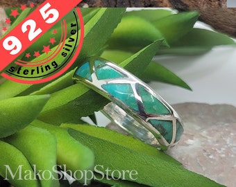 High-quality Turquoise Inlay Thick Band ring in Sterling Silver 925 size 5.5 5.75 6.5 7.5 7.75 8.5 9.5 9.75 10.25 10.5