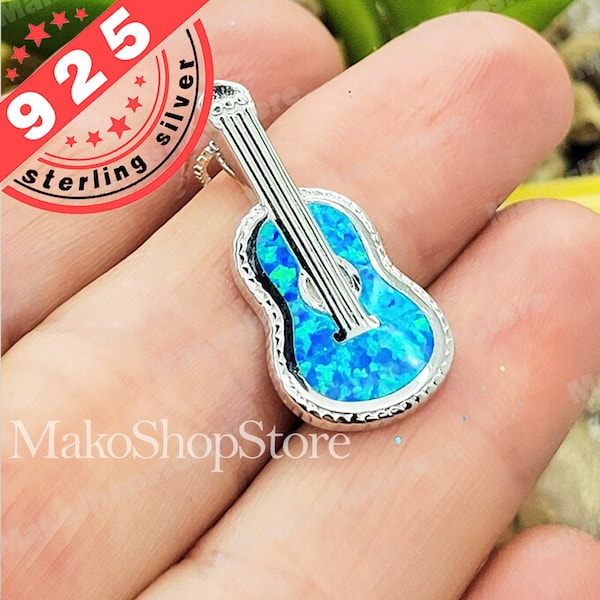 Classic Guitar Sterling Silver 925 Pendant with Blue Opal Inlay