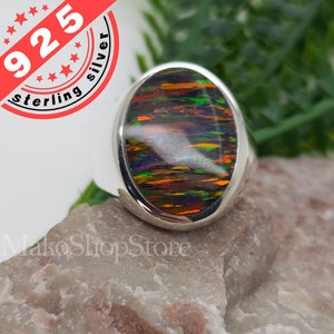 Inlay Black Midnight  Fire Opal Ring in Sterling Silver 925 Ring Plain Shank handmade by Artisan