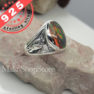 New! Horse Head Inlaid Black Midnight Fire Opal Ring in Sterling Silver 925 handmade by our Artisan Exclusive