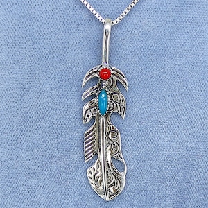 Long detailed feather Pendant sterling silver 925 with Genuine Turquoise Marquise cabochon and Red Coral