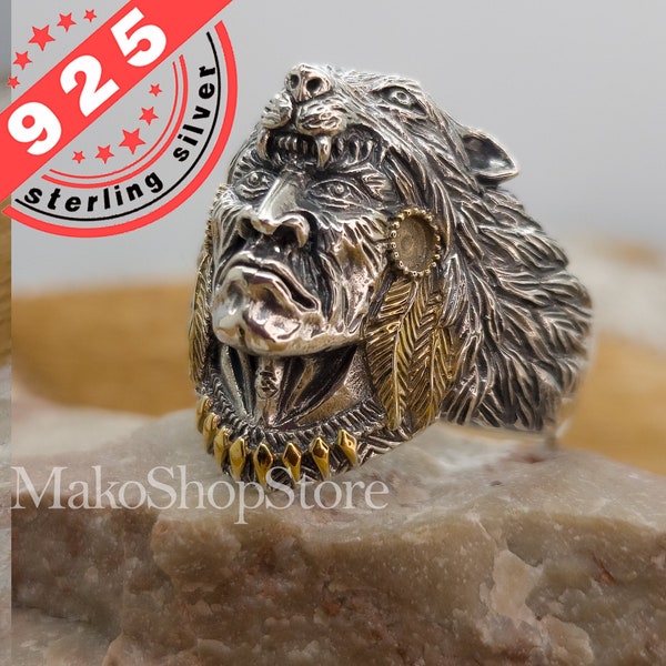 Native American Chief Ring in Sterling Silver 925 and 10k Gold Fillings Wolf Head men RING
