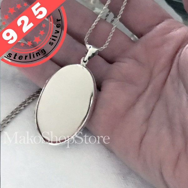 Solide 925 Extra Large Oval Plain Locket pendentif ~ Miroir Finition polie élevée