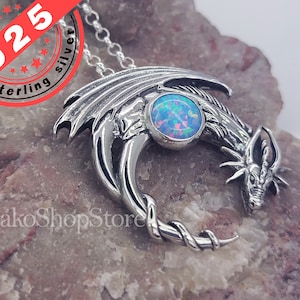 Opal Dragon Sterling Silver 925 Pendant moon crescent