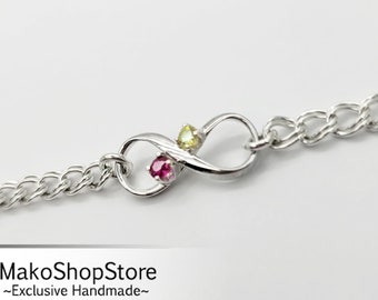 Infinity Knot Bracelet with 2 birthstones in Sterling Silver 925