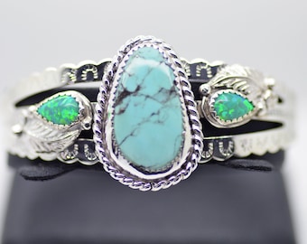Turquoise and Fire Opals Sterling Silver cuff bracelet adjustable High Quality Handmade UNIQUE