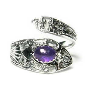 Victorian Design adjustable spoon ring with Amethyst for Ladies in Sterling Silver 925