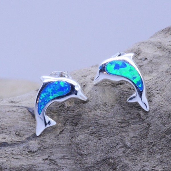 Dolphin Sterling Silver 925 Stud Earrings with Blue Opal Inlay