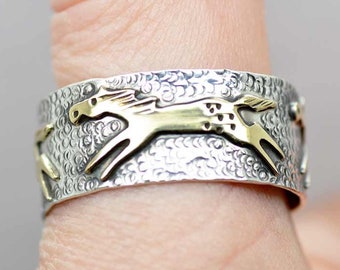 10K Gold and Sterling Silver 925 Horses Wide Band Ring Unisex handcrafted