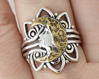 Women Moon Goddess Ring in Sterling Silver 925 and 10k Gold Fillings