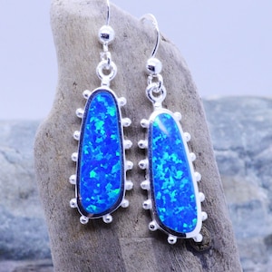 Long Blue Opal Inlay Sterling Silver 925 Earrings
