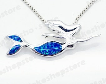 Mermaid Silhouette pendant inlaid with Blue Fire Opal in Sterling Silver 925 with free sterling silver chain and gift box