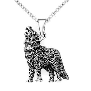Wolf howling to the Moon pendant  in Sterling Silver 925 with free sterling silver chain