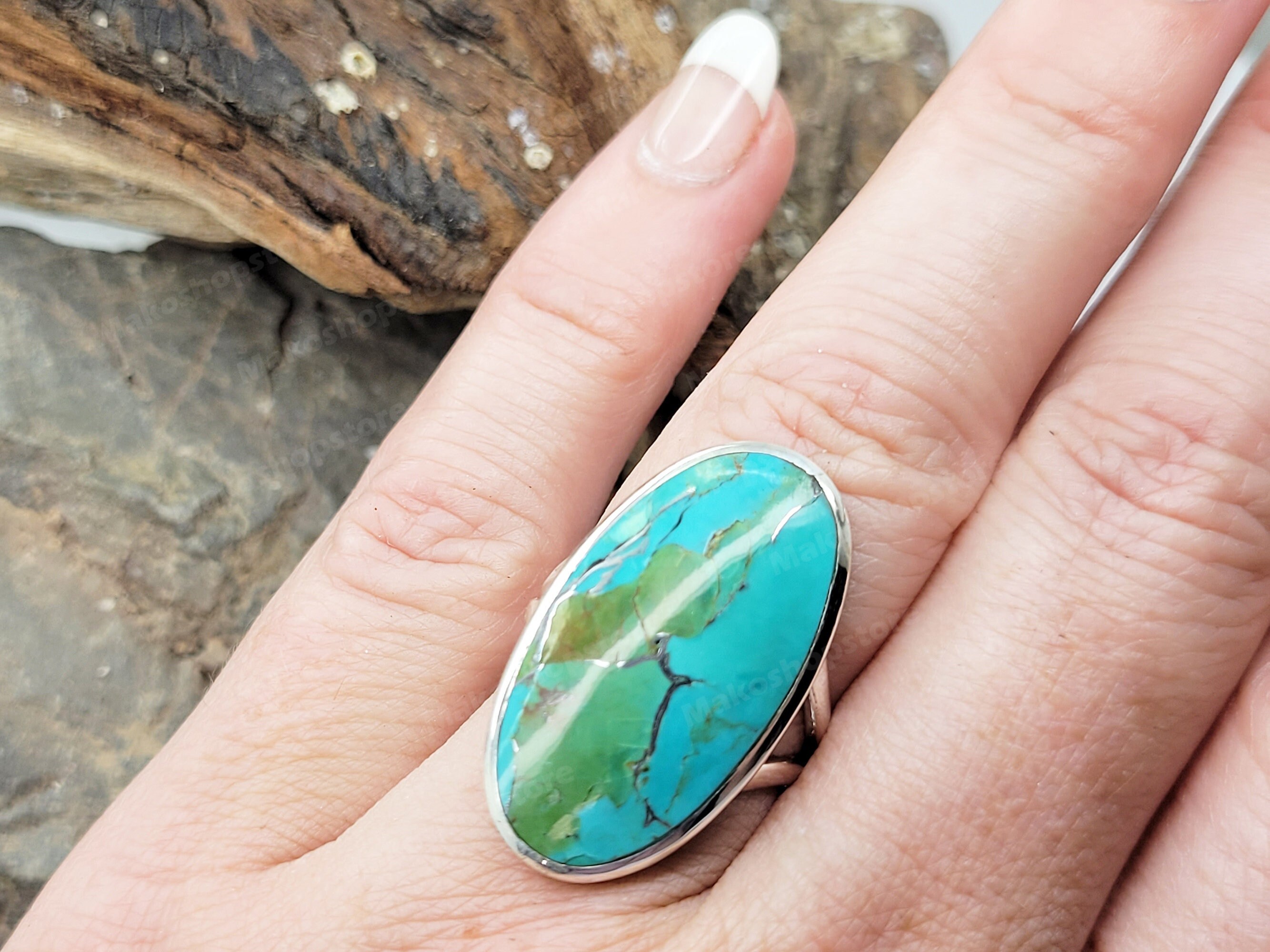 大きな楕円形の本物のターコイズカボションリング、女性用