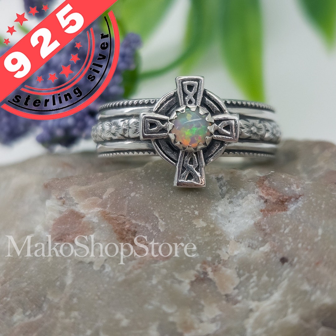 Celtic Cross Band Ring With Gemstone in Sterling Silver 925 Size 5 to ...
